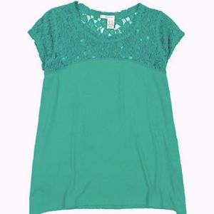 Dkny Jeans Womens Short Sleeve Lace Top Dark Turquoise